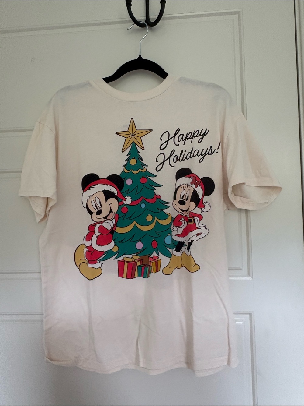 Disney Cream Holiday Tee with Mickey, Minnie & Green Christmas Tree